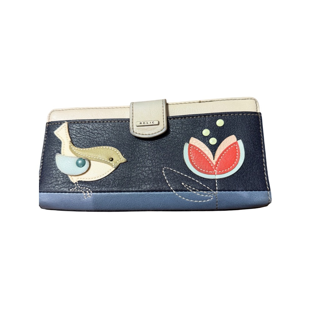 Relic Womens Navy Blue Bird Floral Applique Bifold Wallet Snap Closure - Picture 1 of 5